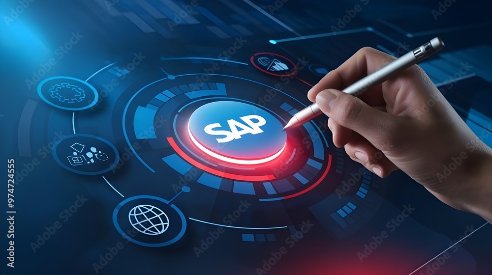 hand pushing SAP button on an interface, Systems, Applications & Products in Data Processing hand pushing SAP button on an interface, Systems, Applications & Products in Data Processing
