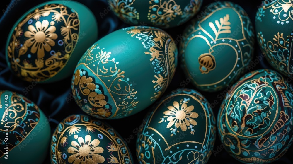 A close-up of intricately painted Easter eggs, showcasing a beautiful blend of teal and gold hues. A close-up of intricately painted Easter eggs, showcasing a beautiful blend of teal and gold hues.