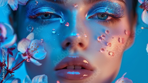 Beauty with Blue Makeup and Flowers