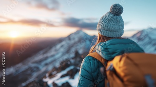 An adventurous hiker wearing a beanie and backpack, enjoying a scenic view of the frosty mountains while trekking at sunrise, capturing the wilderness's breathtaking beauty. photo