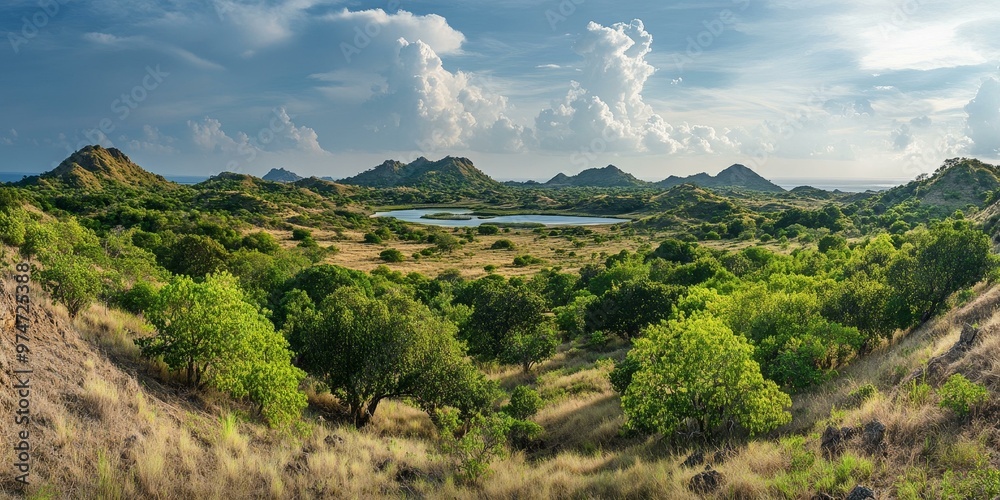 Green hills surround a lake under a cloudy sky. Green hills surround a lake under a cloudy sky.