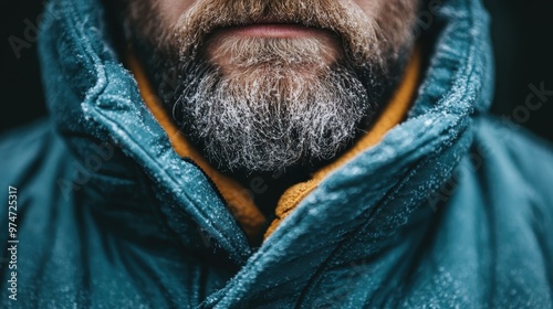 Close-up of a grey bearded man wearing a green jacket with frosty details. The image conveys the essence of winter, showcasing warmth and resilience against the cold. photo