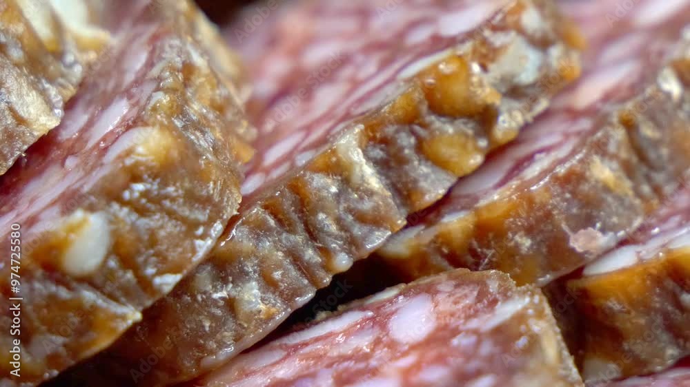 Appetizing appearance. The image presents a visually appealing display of salami, suggesting its potential deliciousness and suitability for various culinary applications. Appetizing appearance. The image presents a visually appealing display of salami, suggesting its potential deliciousness and suitability for various culinary applications.