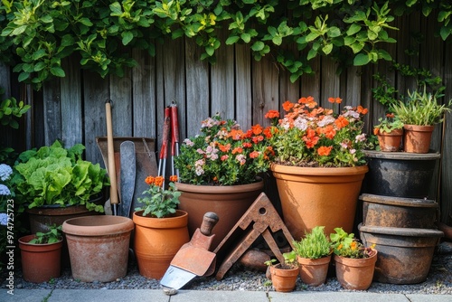 Gardening tools and flowerpots arranged in a vibrant sunny garden setting for garden enthusiasts