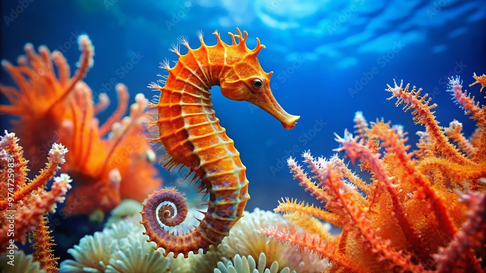 Vibrant orange seahorse with intricate tail and coral-like appendages swims amidst sea fans and soft blue coral in a serene, sun-drenched ocean environment. Vibrant orange seahorse with intricate tail and coral-like appendages swims amidst sea fans and soft blue coral in a serene, sun-drenched ocean environment.