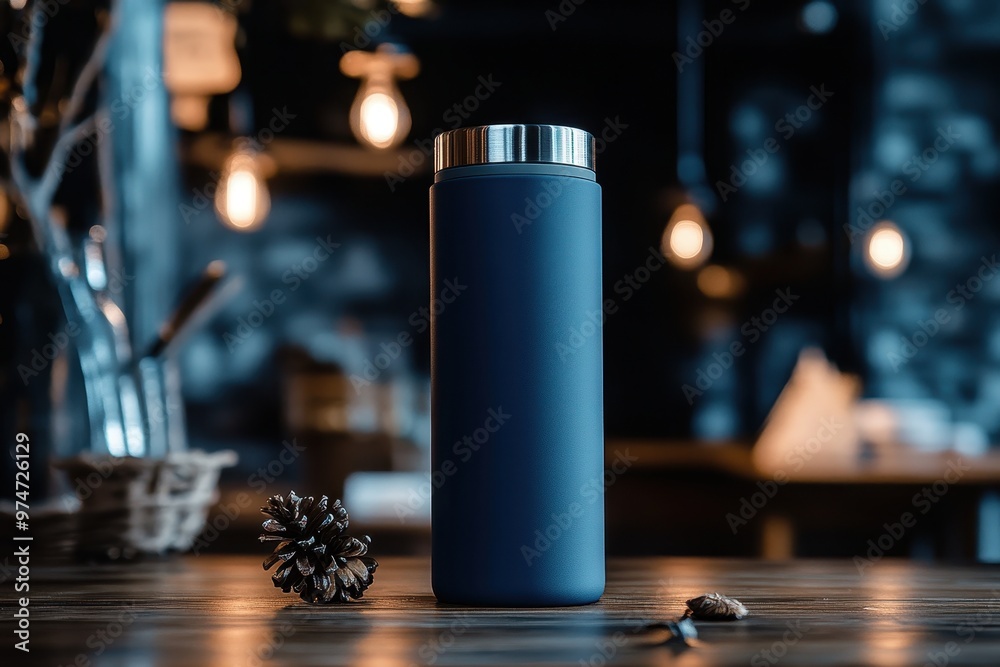A sleek, dark insulated bottle stands on a wooden table with a cozy background. A sleek, dark insulated bottle stands on a wooden table with a cozy background.