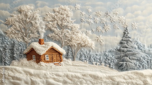 25. A serene winter scene with snow-covered trees and a small cabin made of thread, with smoke made from grey thread rising from the chimney into a sky filled with snowflake threads. photo