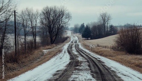 Scenic winter photography  a serene rural road surrounded by leafless trees in a snowy landscape