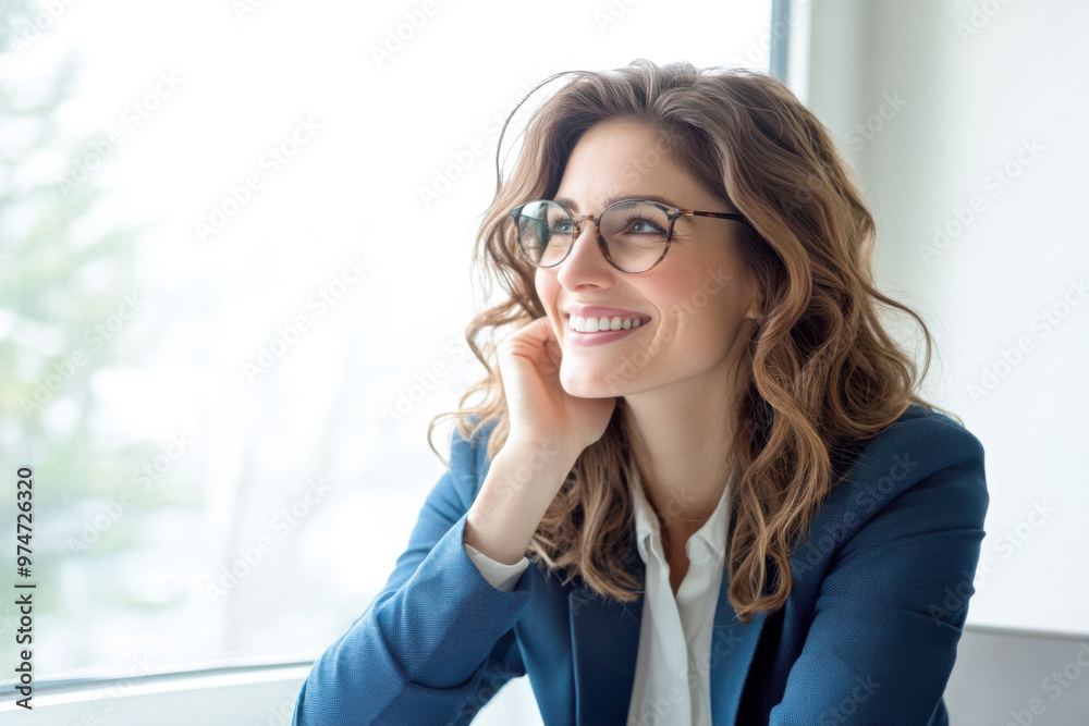 An European businesswoman in her 30s, wearing glasses, is happily smiling while sitting in her office in front of a window. An European businesswoman in her 30s, wearing glasses, is happily smiling while sitting in her office in front of a window.