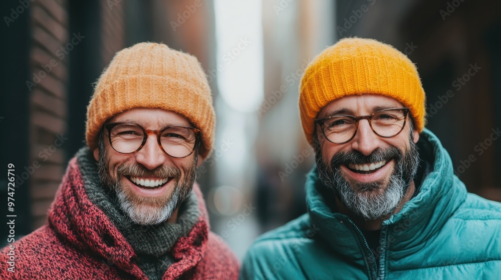 Two men in colorful beanies and winter jackets smile warmly as they stroll through a lively city street, embodying friendship and joy in a bustling environment. Two men in colorful beanies and winter jackets smile warmly as they stroll through a lively city street, embodying friendship and joy in a bustling environment.