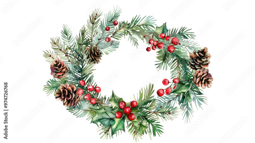 Fototapeta premium Holly leaves, floral wreath chrismas decoration watercolor