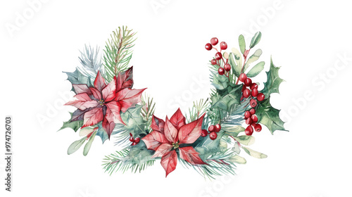 Holly leaves, floral wreath chrismas decoration watercolor