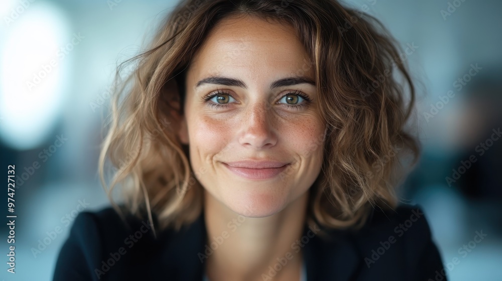In an office-like setting, a woman with curly hair and a confident smile is captured, embodying professionalism and a positive, welcoming approach to work. In an office-like setting, a woman with curly hair and a confident smile is captured, embodying professionalism and a positive, welcoming approach to work.
