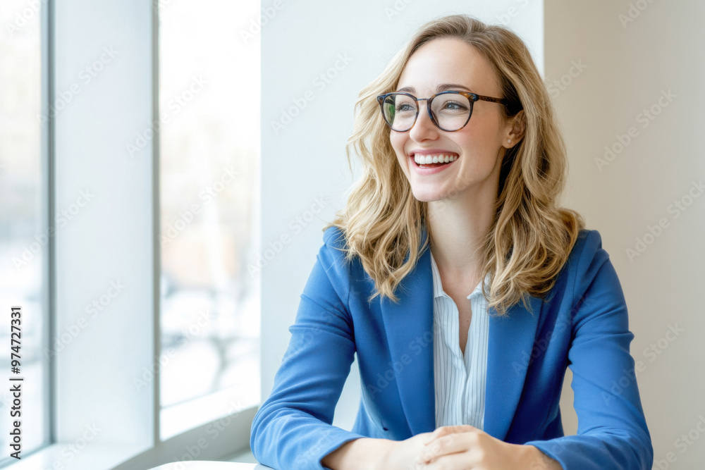 An European businesswoman in her 30s, wearing glasses, is happily smiling while sitting in her office in front of a window. An European businesswoman in her 30s, wearing glasses, is happily smiling while sitting in her office in front of a window.