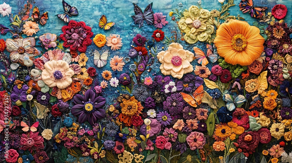 3. A vibrant garden filled with various flowers, each petal meticulously formed from colorful threads, with butterflies fluttering around, their wings woven from fine silk threads. 3. A vibrant garden filled with various flowers, each petal meticulously formed from colorful threads, with butterflies fluttering around, their wings woven from fine silk threads.