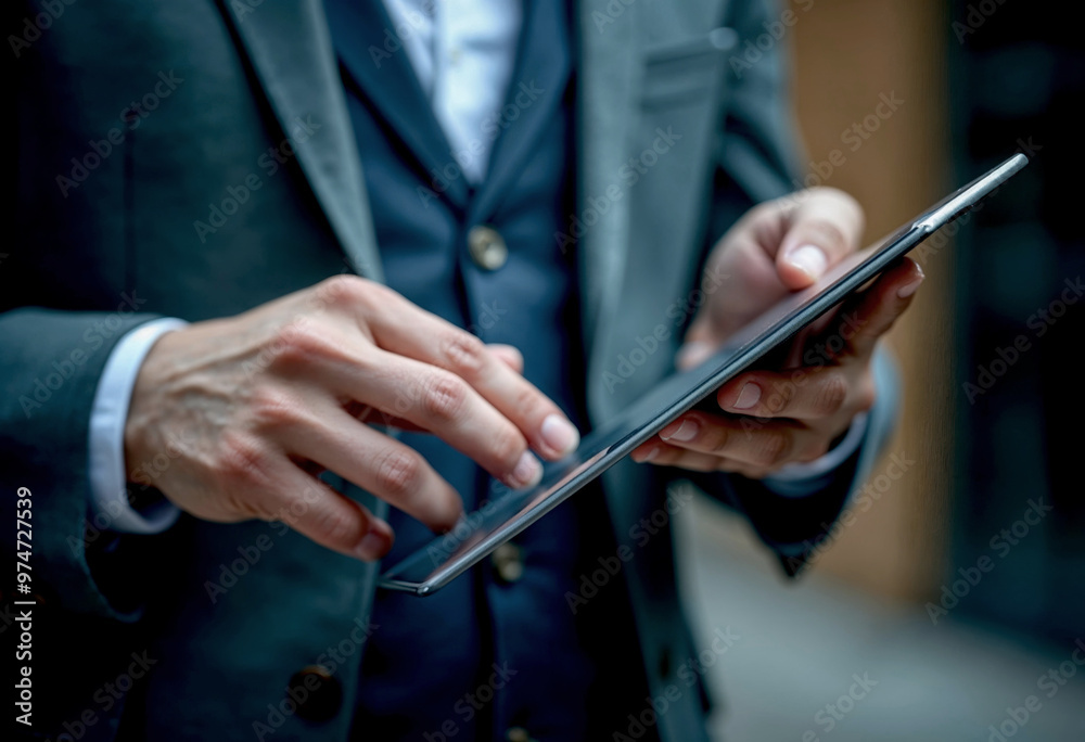 Close-up of a businessman using a tablet device outdoors Close-up of a businessman using a tablet device outdoors