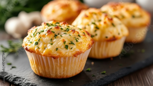 Close-up of delicious muffins filled with cheese and topped with fresh herbs, presented in paper cups. The muffins have a golden-brown crust, enhancing their savory appeal.