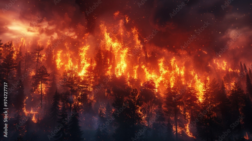 Fototapeta premium Wildfire Engulfing Forest at Twilight