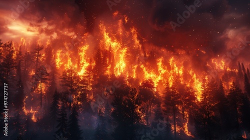 Wildfire Engulfing Forest at Twilight