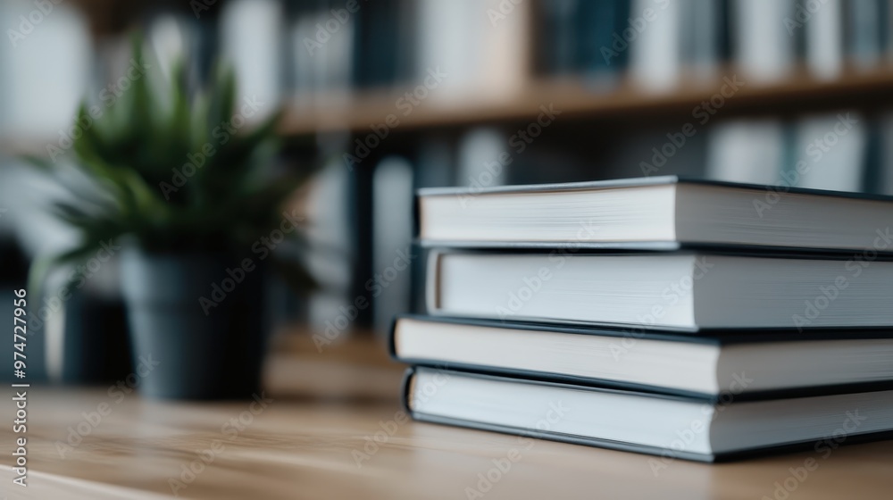A close-up of four hardcover books neatly stacked on a wooden table within a blurry background that features a plant and bookshelves, creating a calm, scholarly ambiance. A close-up of four hardcover books neatly stacked on a wooden table within a blurry background that features a plant and bookshelves, creating a calm, scholarly ambiance.