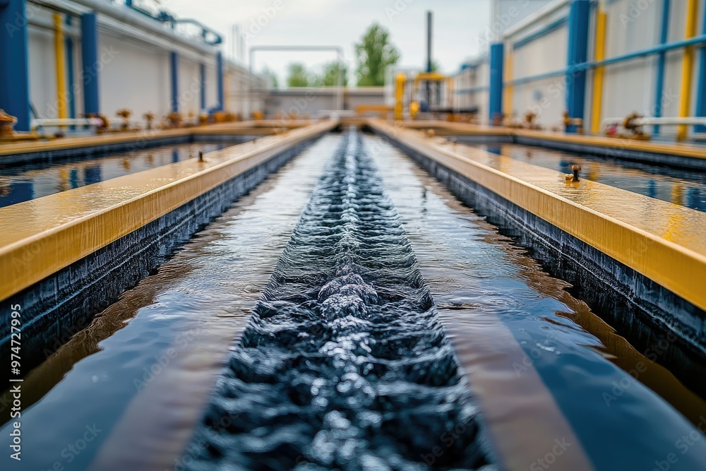 Settling tanks with water circulating slowly, showing sedimentation in action, with a clean and modern treatment facility in the background Settling tanks with water circulating slowly, showing sedimentation in action, with a clean and modern treatment facility in the background