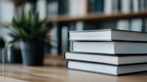 A close-up of four hardcover books neatly stacked on a wooden table within a blurry background that features a plant and bookshelves, creating a calm, scholarly ambiance.