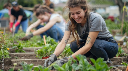 Volunteers Working in Urban Garden