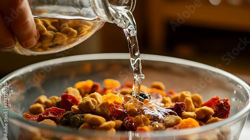 bowl of freeze-dried pet food being prepared, water being poured over the top to rehydrate