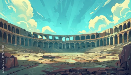 Ancient Roman Coliseum. Historic Arena. Gladiator Arena. Rundown Coliseum in the Desert. Cartoon 2d game illustration background.