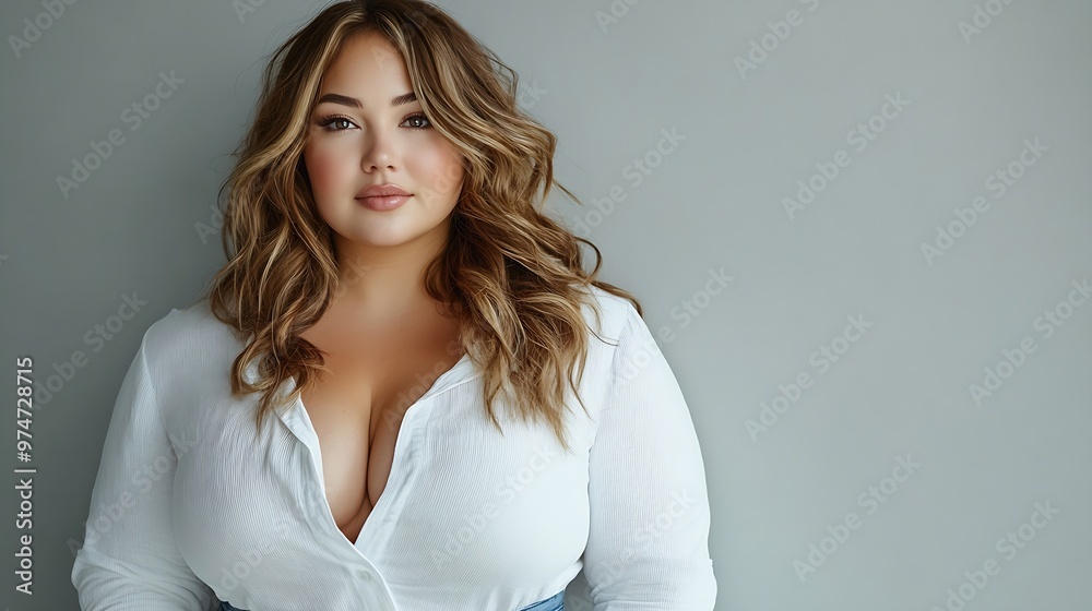 A beautiful plus size woman posing in stylish white shirt and jeans against a gray backdrop : Generative AI A beautiful plus size woman posing in stylish white shirt and jeans against a gray backdrop : Generative AI