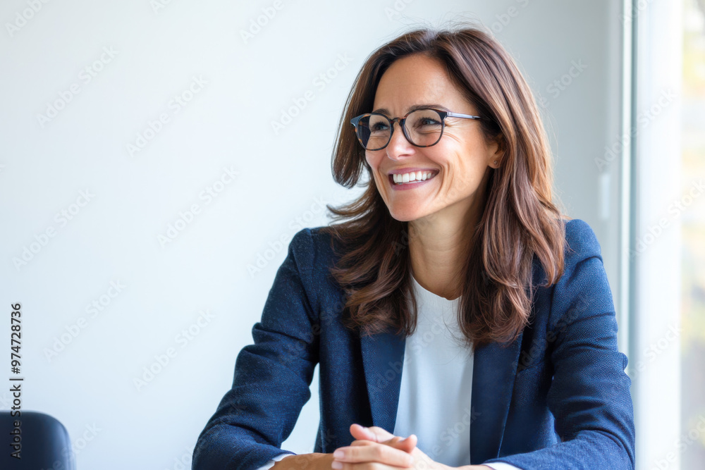 An European businesswoman in her 30s, wearing glasses, is happily smiling while sitting in her office in front of a window. An European businesswoman in her 30s, wearing glasses, is happily smiling while sitting in her office in front of a window.