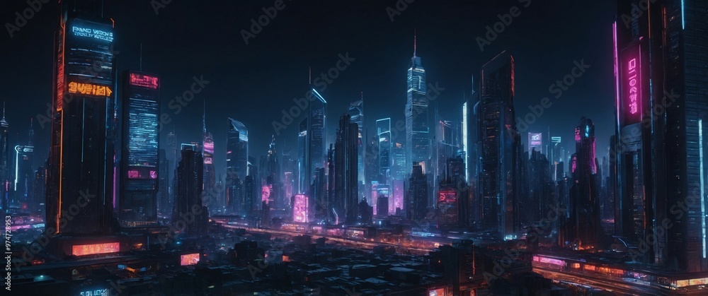 Fototapeta premium Neon Metropolis: A captivating skyline of towering skyscrapers illuminated by vibrant neon lights, painting a futuristic cityscape bathed in a vibrant glow. This image evokes a sense of wonder and pos