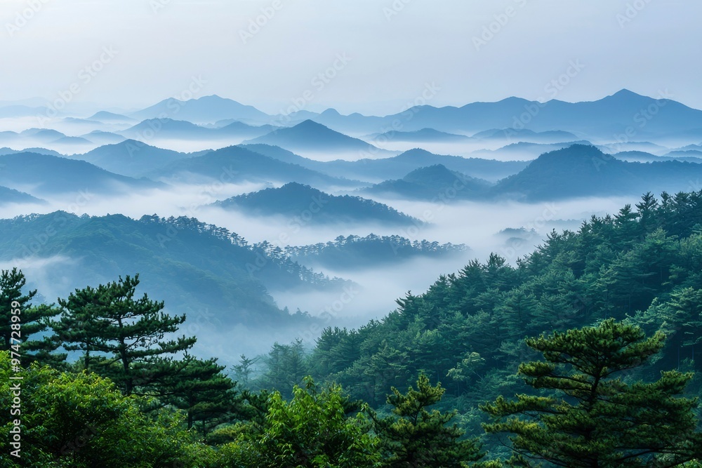 Obraz premium Misty Mountains and Pine Trees on a Clear Day