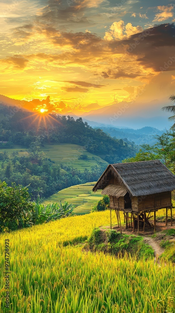Fototapeta premium Golden Rice Fields Embrace a Bamboo House as the Sun Sets in a Dramatic Sky