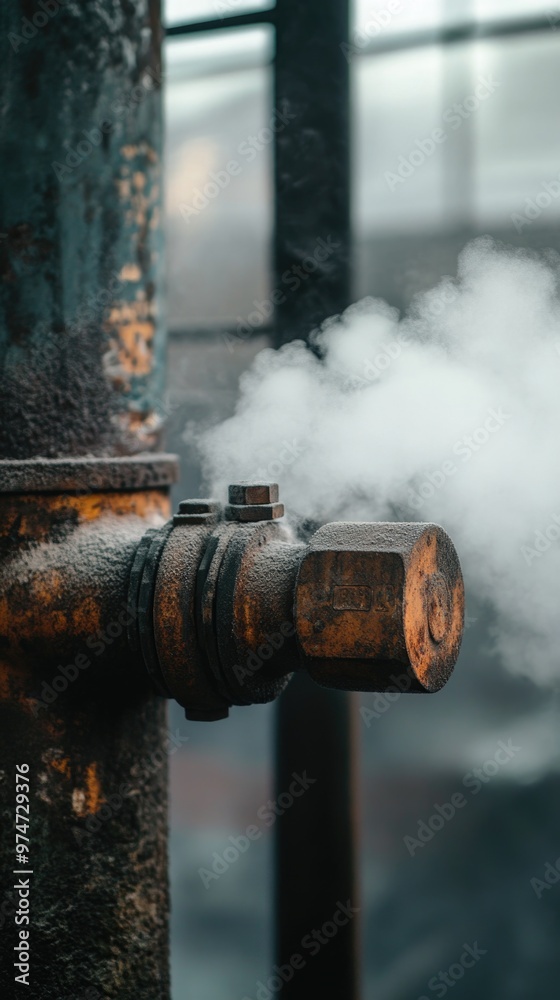 Pipes – Macro Shot of Steam Emitting from a Valve Pipe Offering a Gritty Industrial Feel Pipes – Macro Shot of Steam Emitting from a Valve Pipe Offering a Gritty Industrial Feel