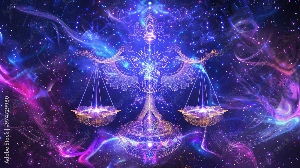 A mystical illustration of the constellation Libra, with intricate patterns and swirling cosmic energy. Zodiac sign Libra. A mystical illustration of the constellation Libra, with intricate patterns and swirling cosmic energy. Zodiac sign Libra.