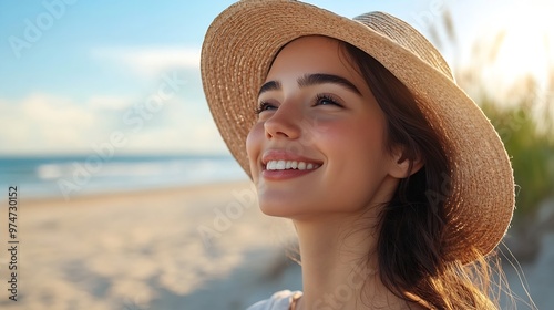 Side view portrait of a happy woman on the beach breathing fresh air wearing hat a summer sunny day : Generative AI