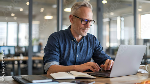 Productive Businessman Typing on Laptop in Modern Office