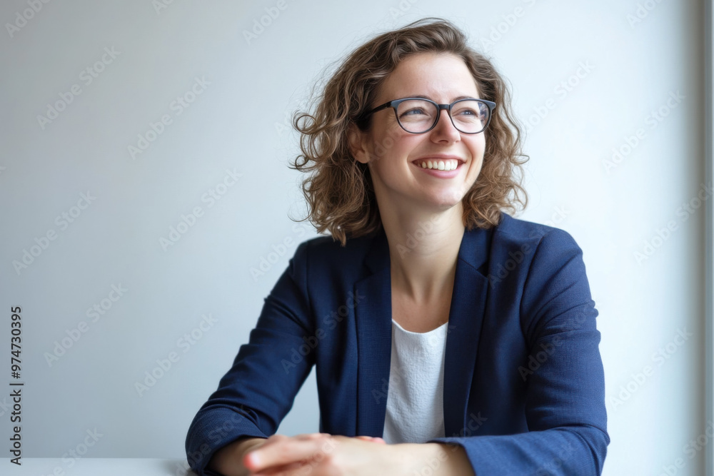 An European businesswoman in her 30s, wearing glasses, is happily smiling while sitting in her office in front of a window. An European businesswoman in her 30s, wearing glasses, is happily smiling while sitting in her office in front of a window.