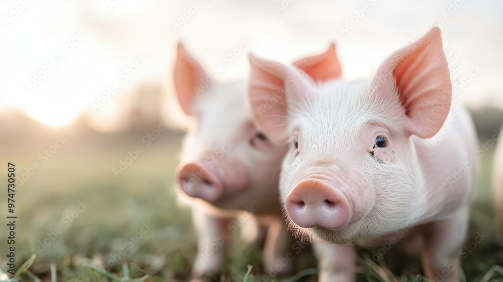 Two adorable piglets are standing closely on green grass during sunset, creating a warm and peaceful scene with soft sunlight illuminating their pink fur. Two adorable piglets are standing closely on green grass during sunset, creating a warm and peaceful scene with soft sunlight illuminating their pink fur.