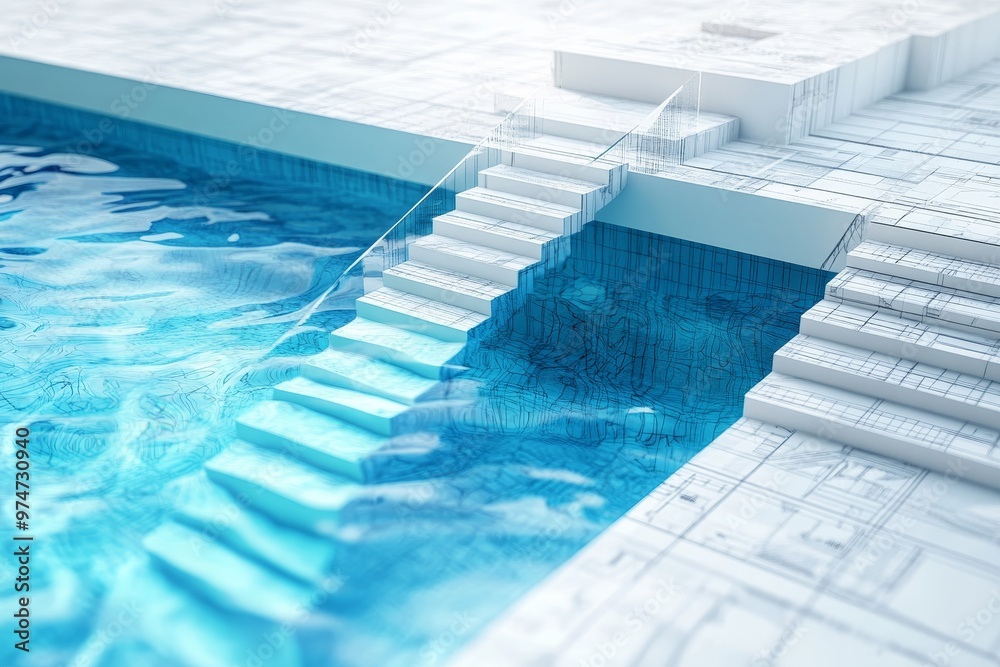 3d illustration of a swimming pool with staircase and clear water on architectural blueprints 3d illustration of a swimming pool with staircase and clear water on architectural blueprints
