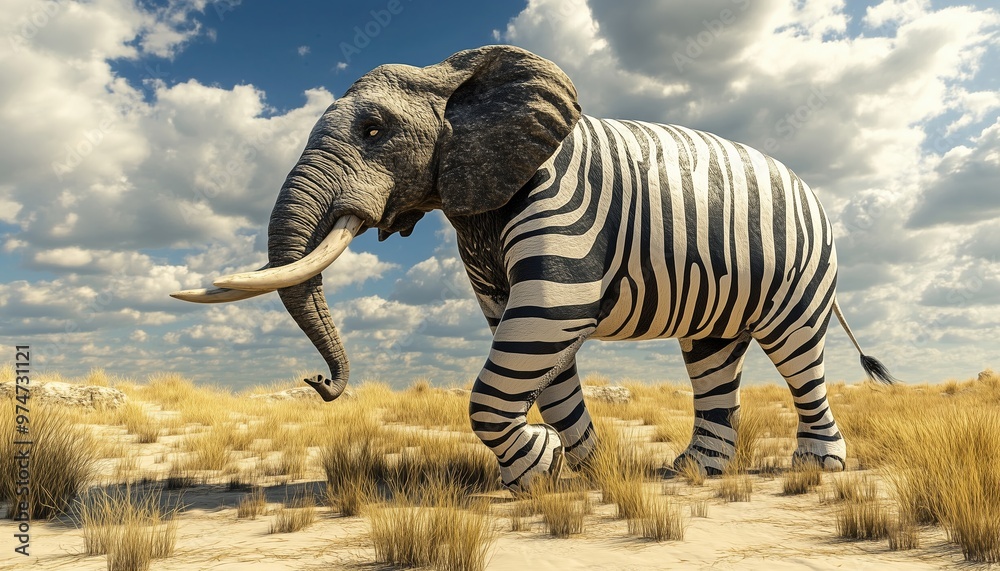 Fototapeta premium 3d Render Illustration Of An Elephant In A Zebra Skin Walking Through The Savannah, Showcasing Unique Wildlife Imagery.