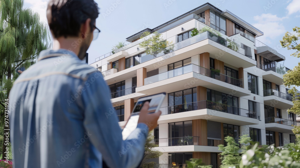 A real estate agent stands with an electronic tablet against the backdrop of a modern residential complex. A real estate agent stands with an electronic tablet against the backdrop of a modern residential complex.