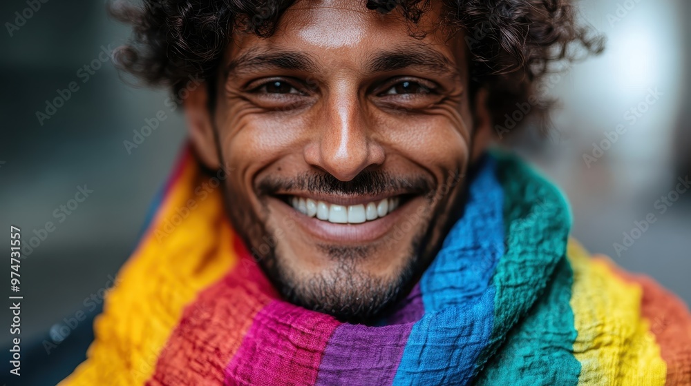 A man with curly hair and a wide smile warmly wraps himself with a colorful rainbow scarf, exuding joy and pride in an urban setting filled with positivity. A man with curly hair and a wide smile warmly wraps himself with a colorful rainbow scarf, exuding joy and pride in an urban setting filled with positivity.