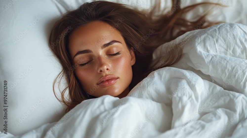 A woman with brown hair peacefully sleeps, enveloped in soft white linens, showcasing serenity and restfulness in a serene and calming ambiance. A woman with brown hair peacefully sleeps, enveloped in soft white linens, showcasing serenity and restfulness in a serene and calming ambiance.