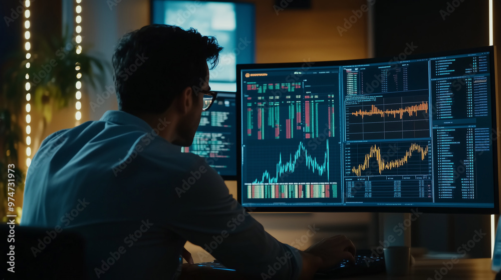 Crypto investor analyzing stock trade data on digital exchange platform. Financial broker reviewing stockmarket indexes, charts, and assessing investment risks. Digital finance, cryptocurrency, and fi Crypto investor analyzing stock trade data on digital exchange platform. Financial broker reviewing stockmarket indexes, charts, and assessing investment risks. Digital finance, cryptocurrency, and fi