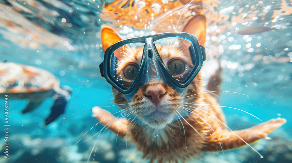 Fototapeta premium A humorous underwater shot of a curious cat wearing snorkeling goggles against a bright ocean background. The playful and surreal composition evokes adventure.