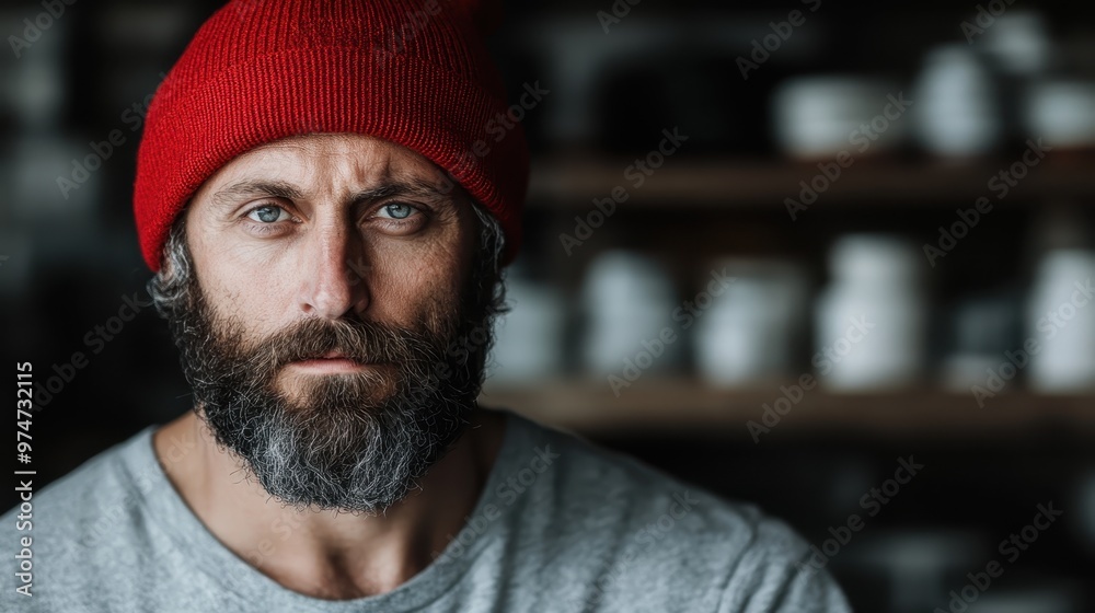 A solemn man with a bushy beard wearing a red beanie, standing in an indoor, softly lit setting, evoking a sense of introspection and cool demeanor. A solemn man with a bushy beard wearing a red beanie, standing in an indoor, softly lit setting, evoking a sense of introspection and cool demeanor.