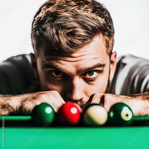 Snooker player making a precise shot, intense concentration, dynamic cue movement, isolated on white background photo