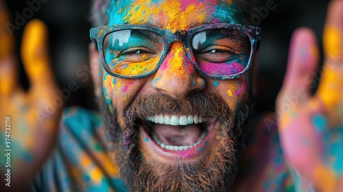 An exuberantly smiling man covered in a rainbow of paint colors on his face and glasses, showcasing artistic expression against a black background. photo